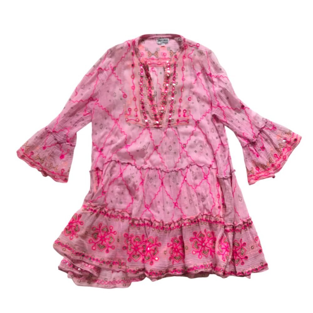 Juliet Dunn London Mini Dress Womens 0 XS Pink V-Neck 3/4 Sleeve Cotton Mirrors